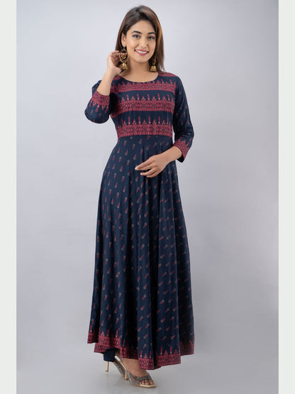 Cotton Printed Round Neck 3/4 Sleeve Flared Ankle Length Kurta