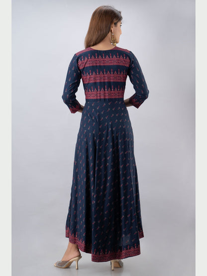 Cotton Printed Round Neck 3/4 Sleeve Flared Ankle Length Kurta