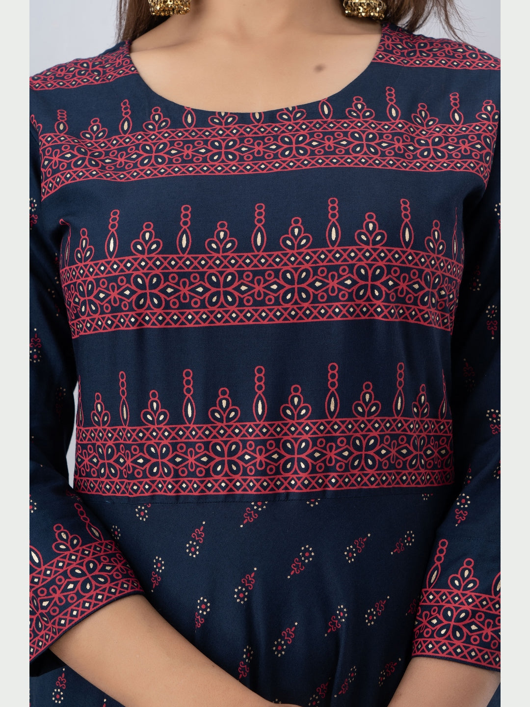 Cotton Printed Round Neck 3/4 Sleeve Flared Ankle Length Kurta