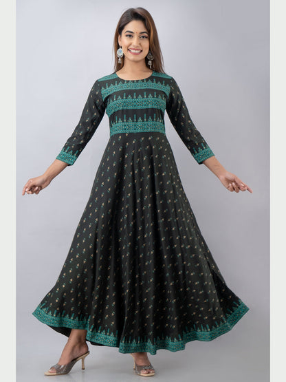 Cotton Printed Round Neck 3/4 Sleeve Flared Ankle Length Kurta