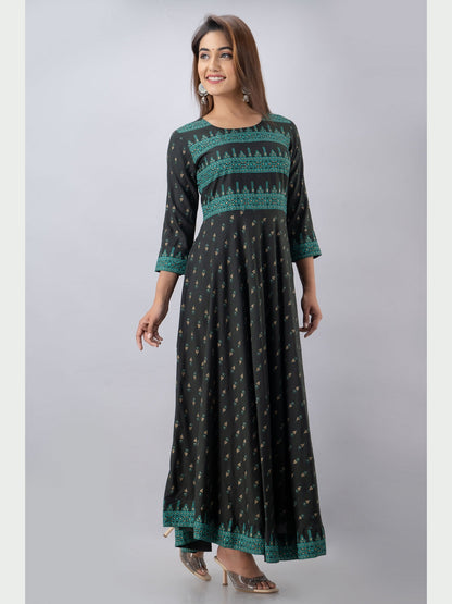 Cotton Printed Round Neck 3/4 Sleeve Flared Ankle Length Kurta