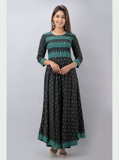 Cotton Printed Round Neck 3/4 Sleeve Flared Ankle Length Kurta