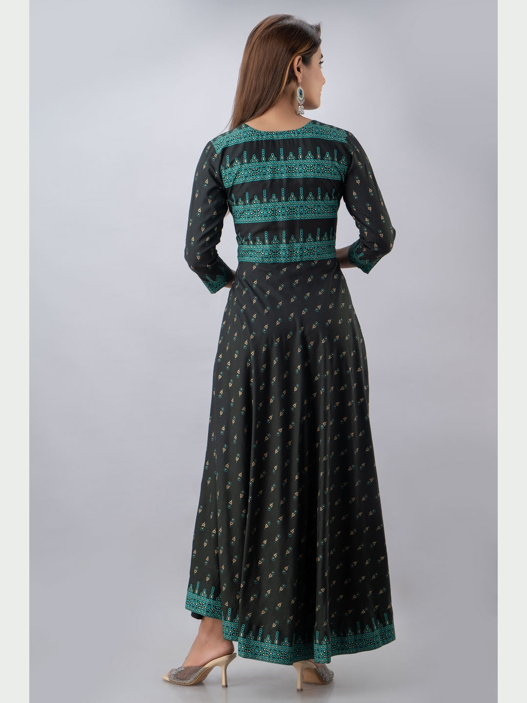 Cotton Printed Round Neck 3/4 Sleeve Flared Ankle Length Kurta