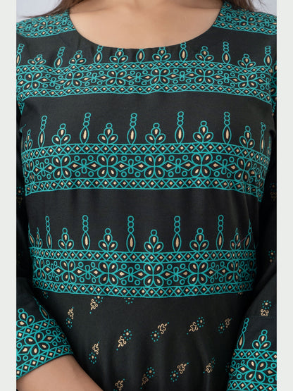 Cotton Printed Round Neck 3/4 Sleeve Flared Ankle Length Kurta