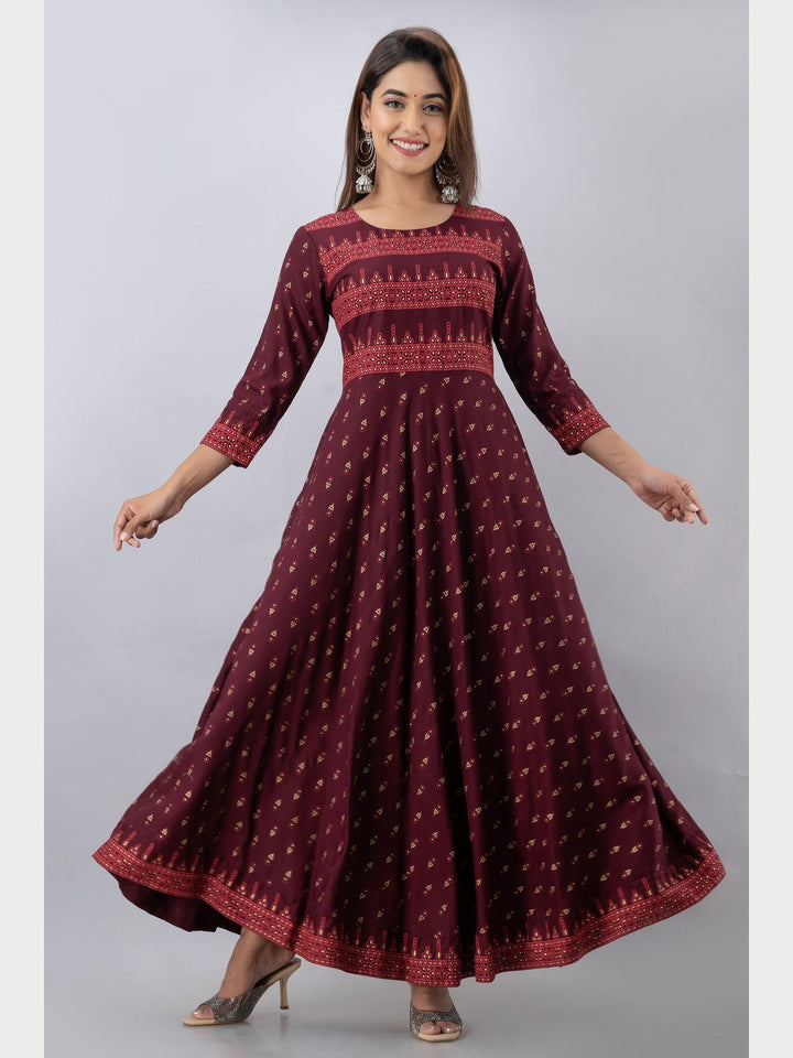 Cotton Printed Round Neck 3/4 Sleeve Flared Ankle Length Kurta