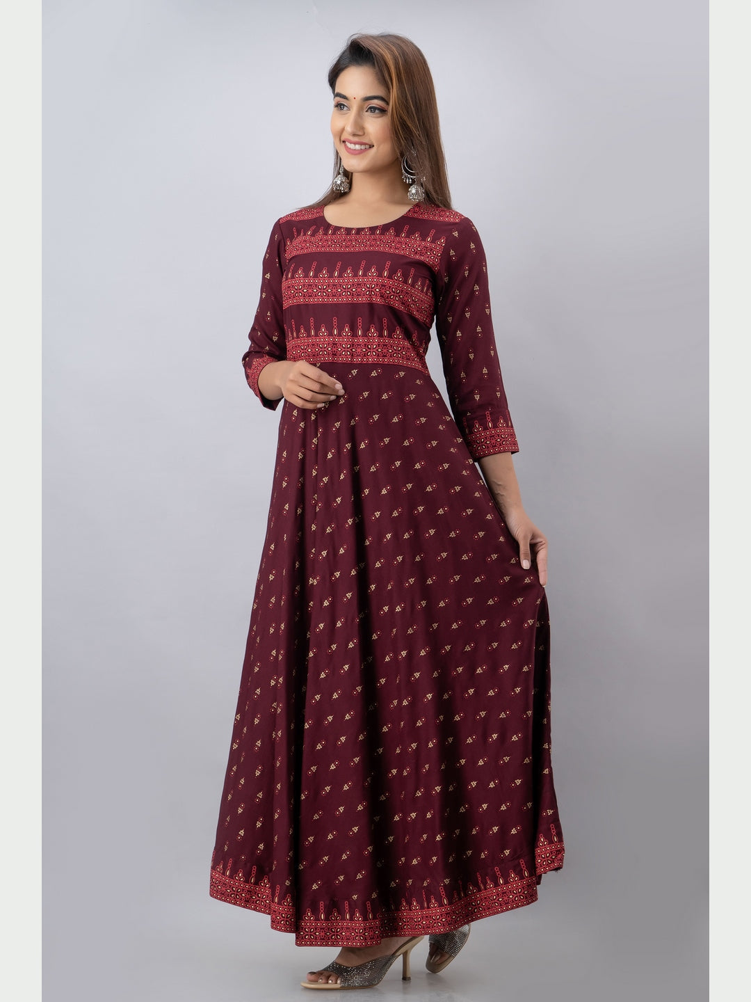 Cotton Printed Round Neck 3/4 Sleeve Flared Ankle Length Kurta
