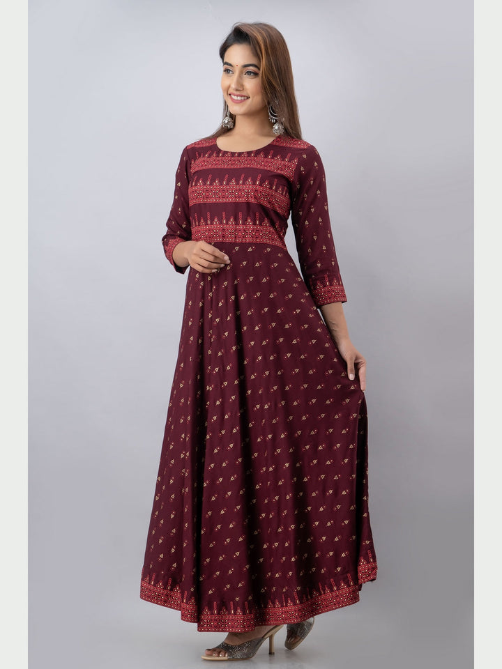 Cotton Printed Round Neck 3/4 Sleeve Flared Ankle Length Kurta
