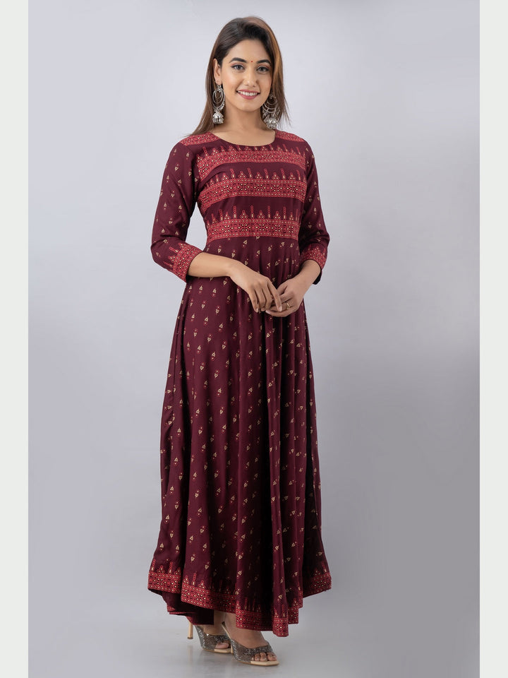 Cotton Printed Round Neck 3/4 Sleeve Flared Ankle Length Kurta