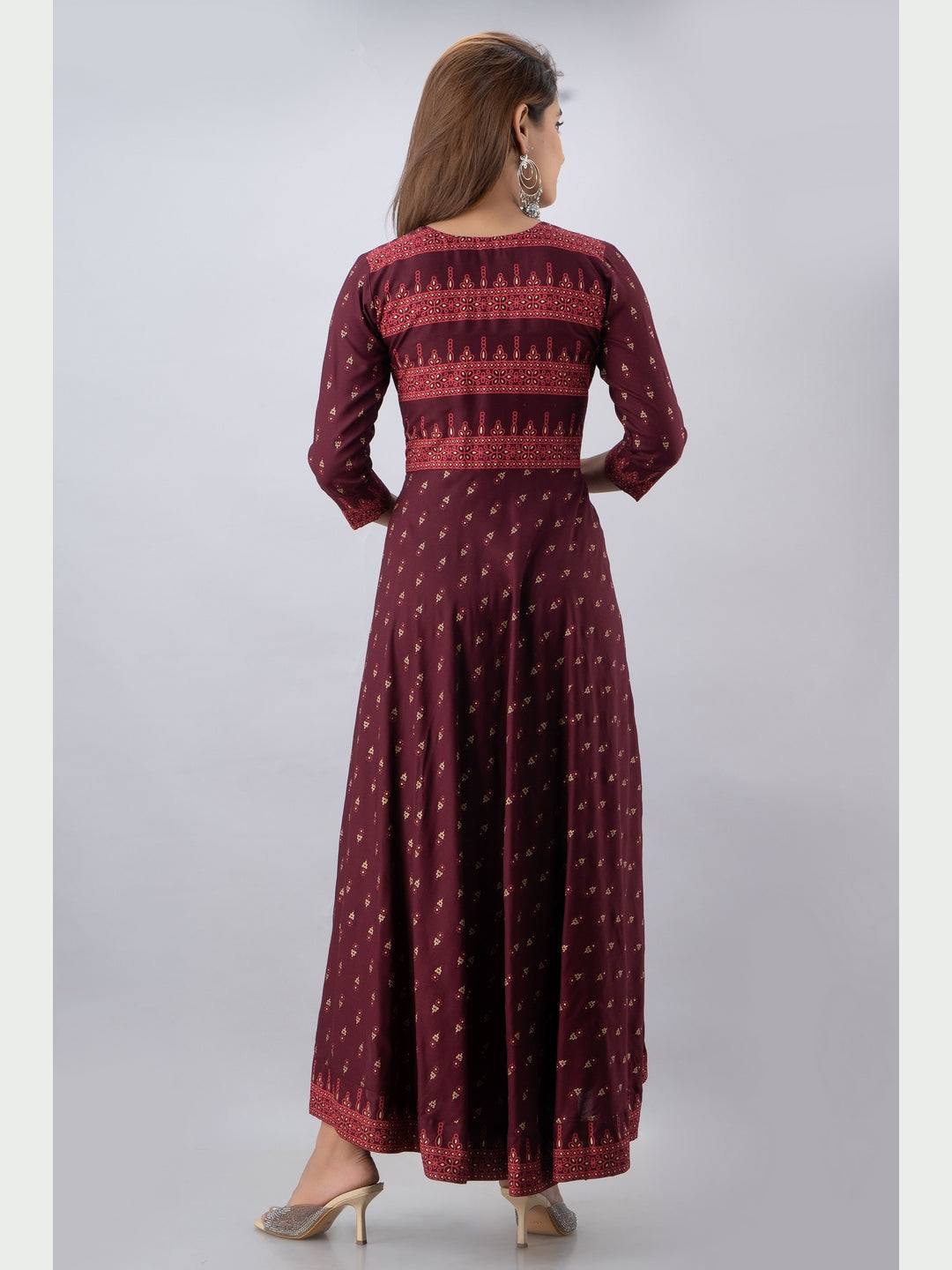 Cotton Printed Round Neck 3/4 Sleeve Flared Ankle Length Kurta