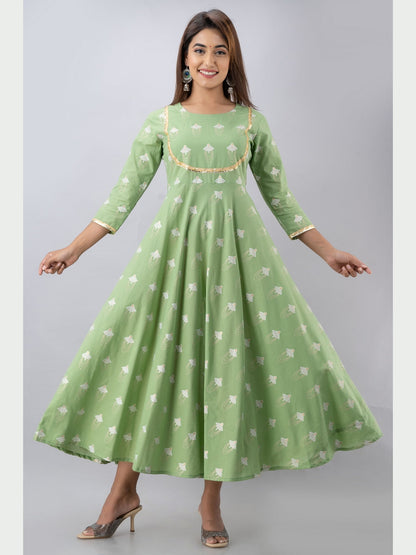 Cotton Printed Round Neck 3/4 Sleeve Flared Ankle Length Kurta