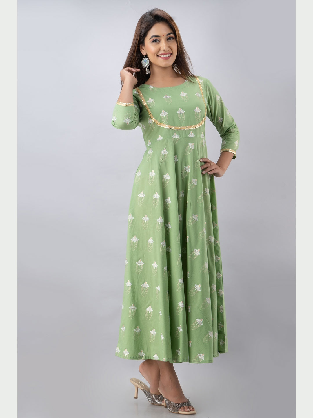 Cotton Printed Round Neck 3/4 Sleeve Flared Ankle Length Kurta