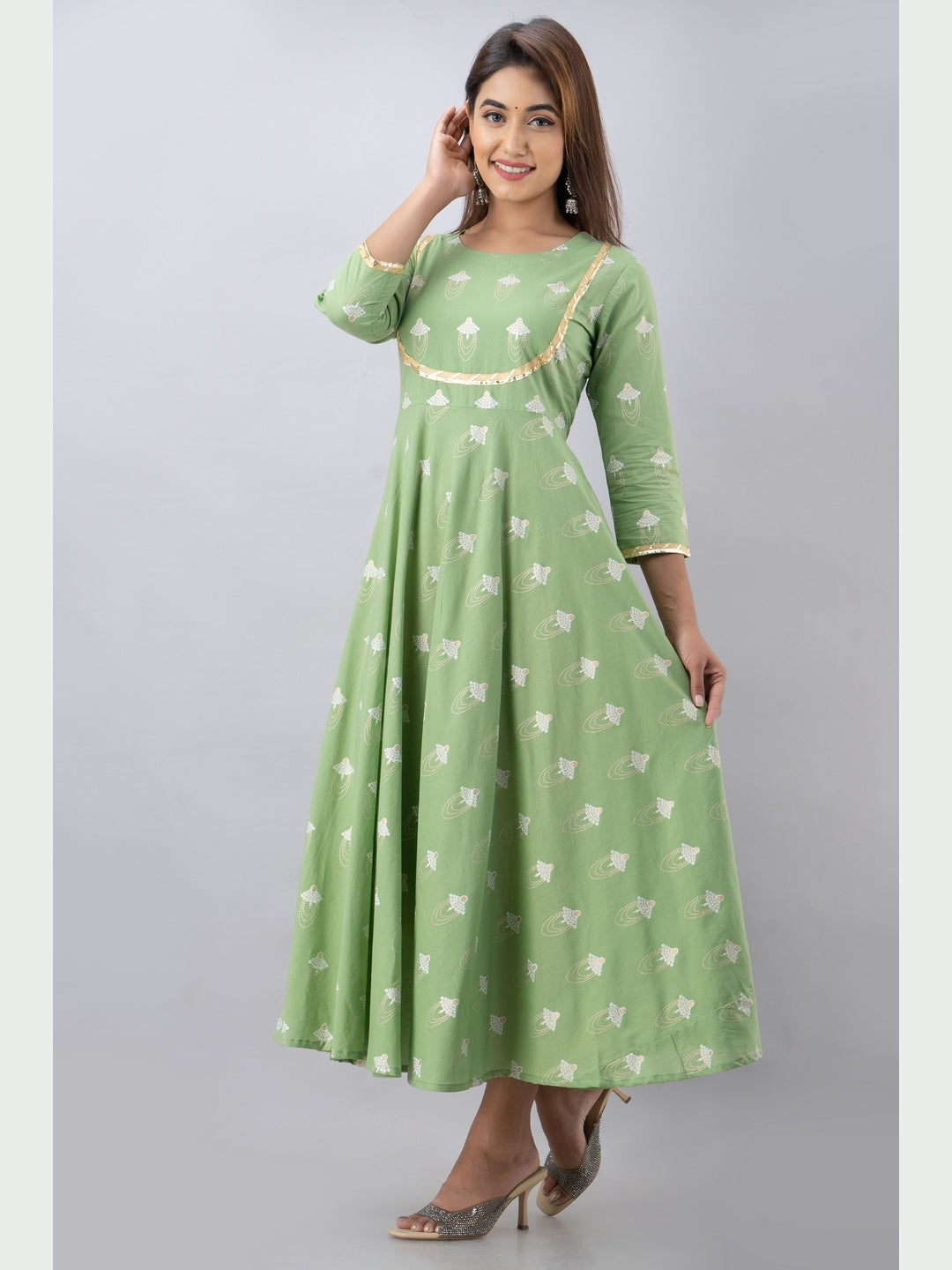 Cotton Printed Round Neck 3/4 Sleeve Flared Ankle Length Kurta
