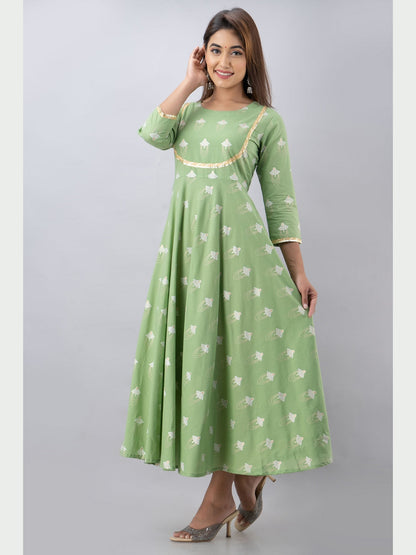Cotton Printed Round Neck 3/4 Sleeve Flared Ankle Length Kurta