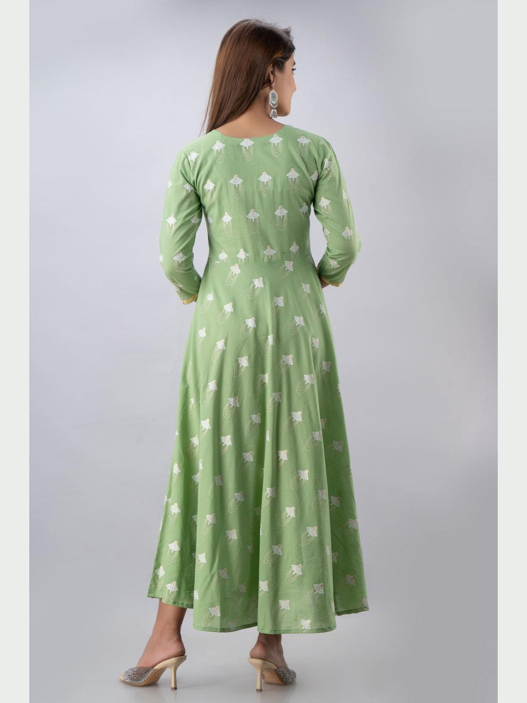 Cotton Printed Round Neck 3/4 Sleeve Flared Ankle Length Kurta