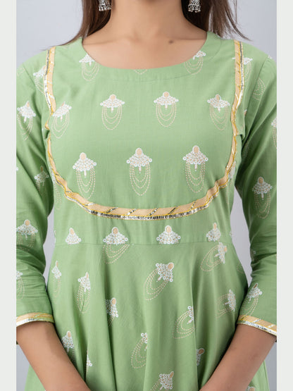 Cotton Printed Round Neck 3/4 Sleeve Flared Ankle Length Kurta