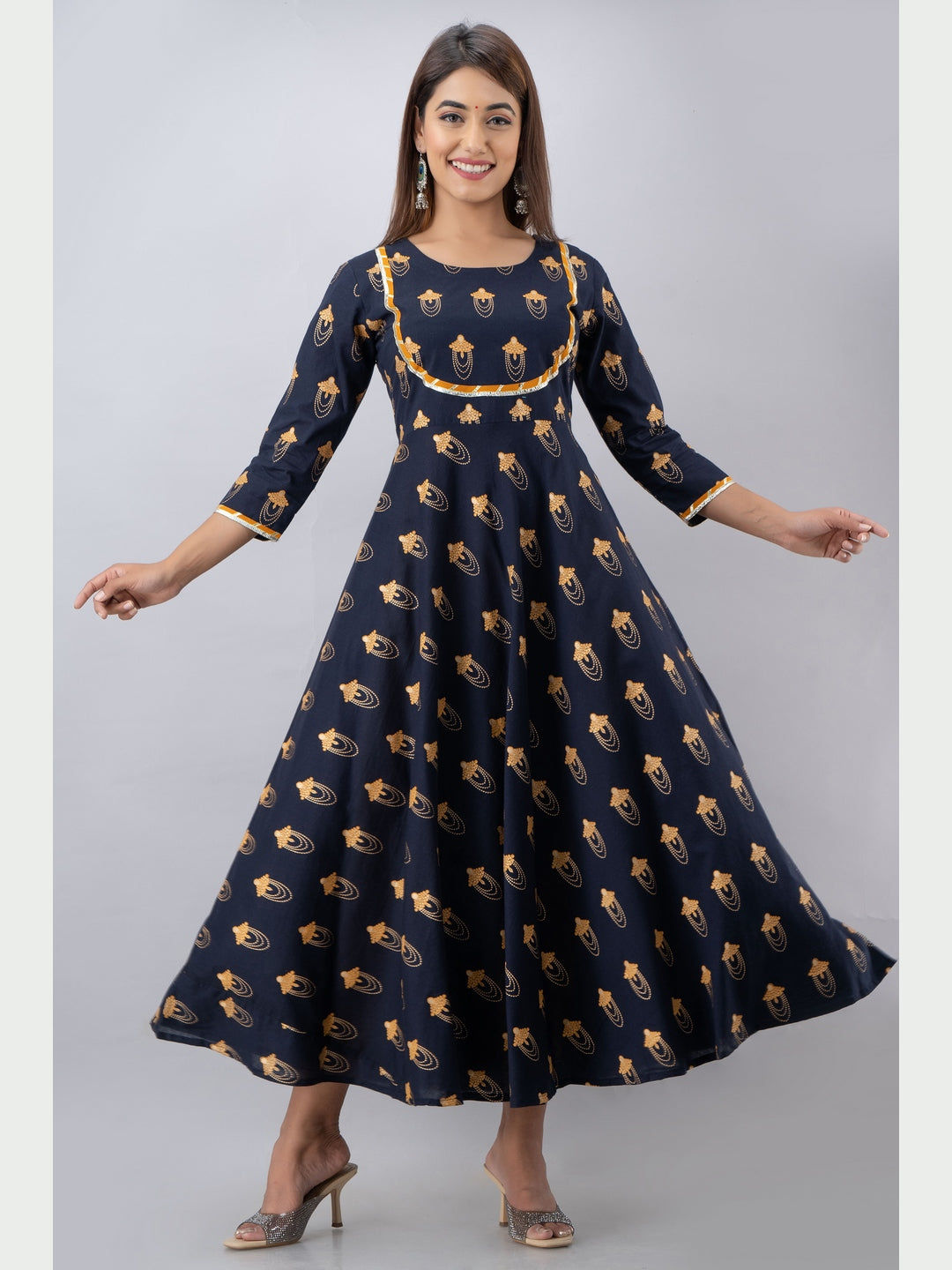 Cotton Printed Round Neck 3/4 Sleeve Flared Ankle Length Kurta