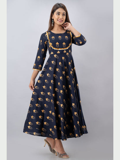 Cotton Printed Round Neck 3/4 Sleeve Flared Ankle Length Kurta
