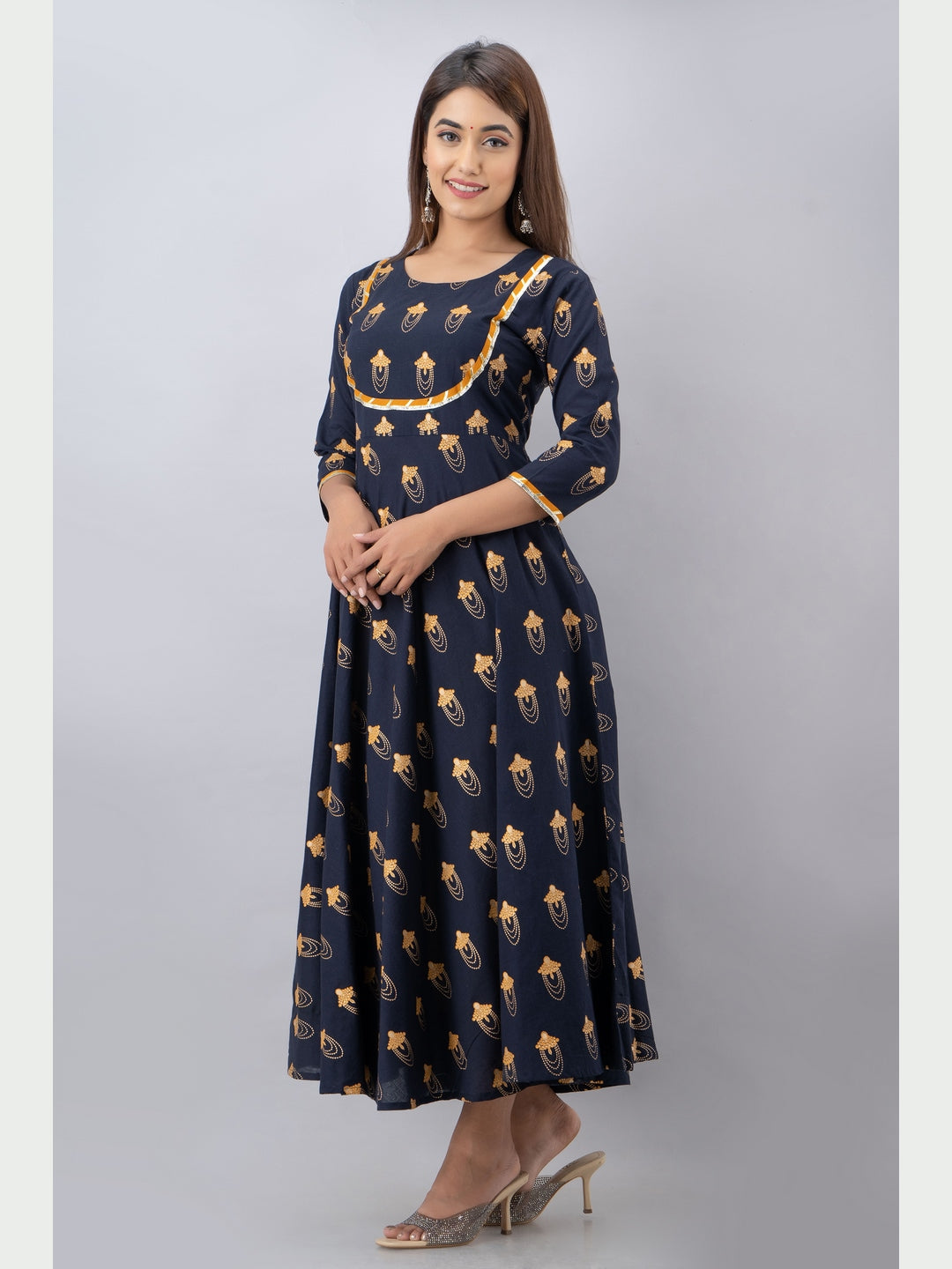 Cotton Printed Round Neck 3/4 Sleeve Flared Ankle Length Kurta