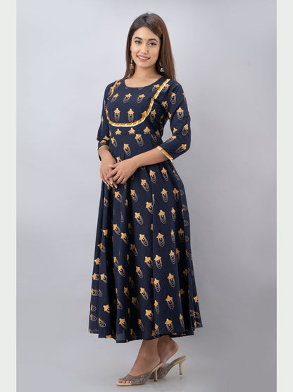 Cotton Printed Round Neck 3/4 Sleeve Flared Ankle Length Kurta