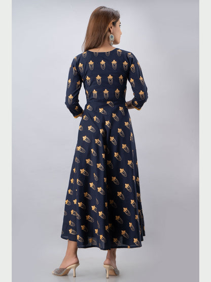Cotton Printed Round Neck 3/4 Sleeve Flared Ankle Length Kurta
