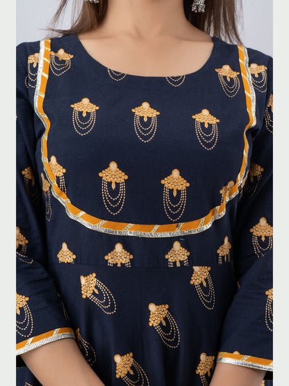 Cotton Printed Round Neck 3/4 Sleeve Flared Ankle Length Kurta
