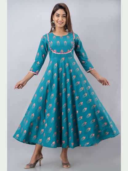 Cotton Printed Round Neck 3/4 Sleeve Flared Ankle Length Kurta