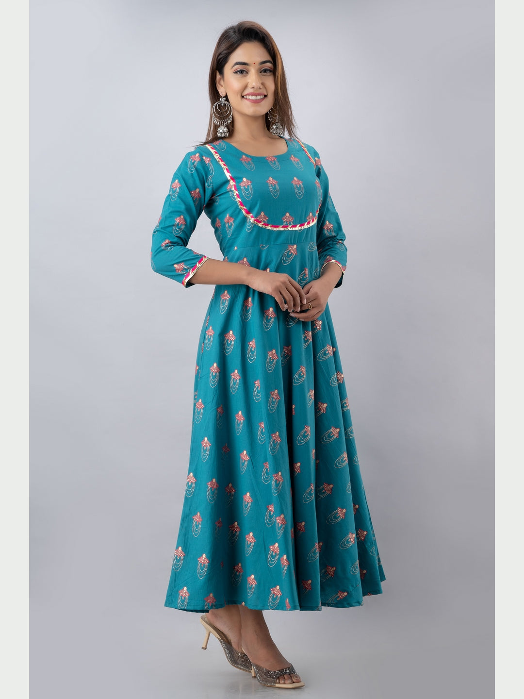 Cotton Printed Round Neck 3/4 Sleeve Flared Ankle Length Kurta