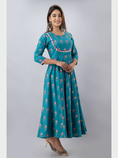 Cotton Printed Round Neck 3/4 Sleeve Flared Ankle Length Kurta