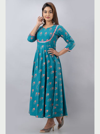 Cotton Printed Round Neck 3/4 Sleeve Flared Ankle Length Kurta