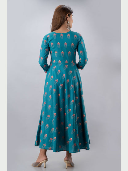 Cotton Printed Round Neck 3/4 Sleeve Flared Ankle Length Kurta