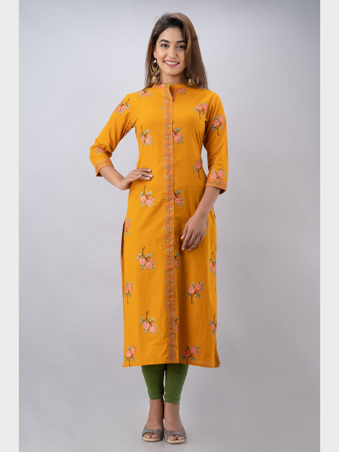 Cotton Printed Mandarin Neck 3/4 Sleeve Straight Calf Length Kurta