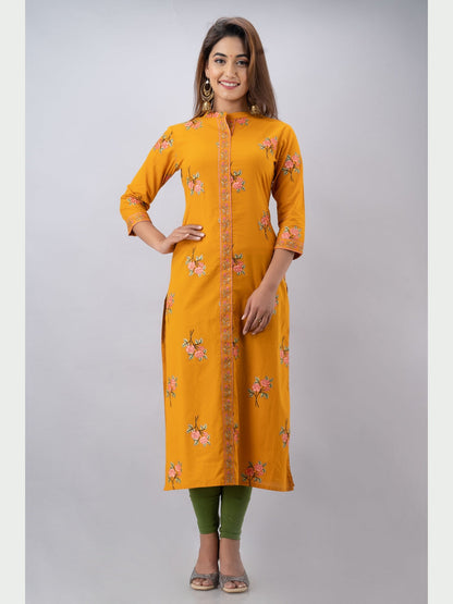 Cotton Printed Mandarin Neck 3/4 Sleeve Straight Calf Length Kurta