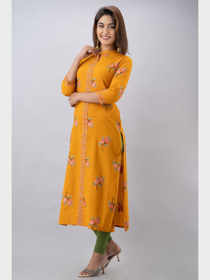 Cotton Printed Mandarin Neck 3/4 Sleeve Straight Calf Length Kurta