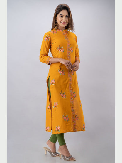 Cotton Printed Mandarin Neck 3/4 Sleeve Straight Calf Length Kurta