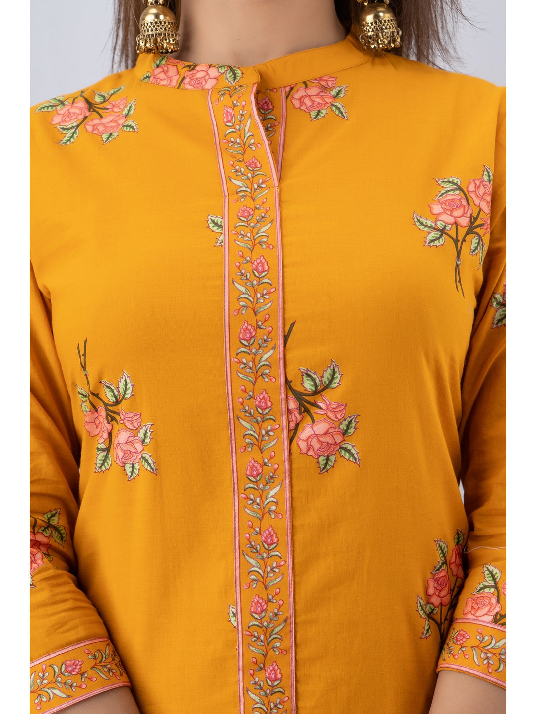 Cotton Printed Mandarin Neck 3/4 Sleeve Straight Calf Length Kurta