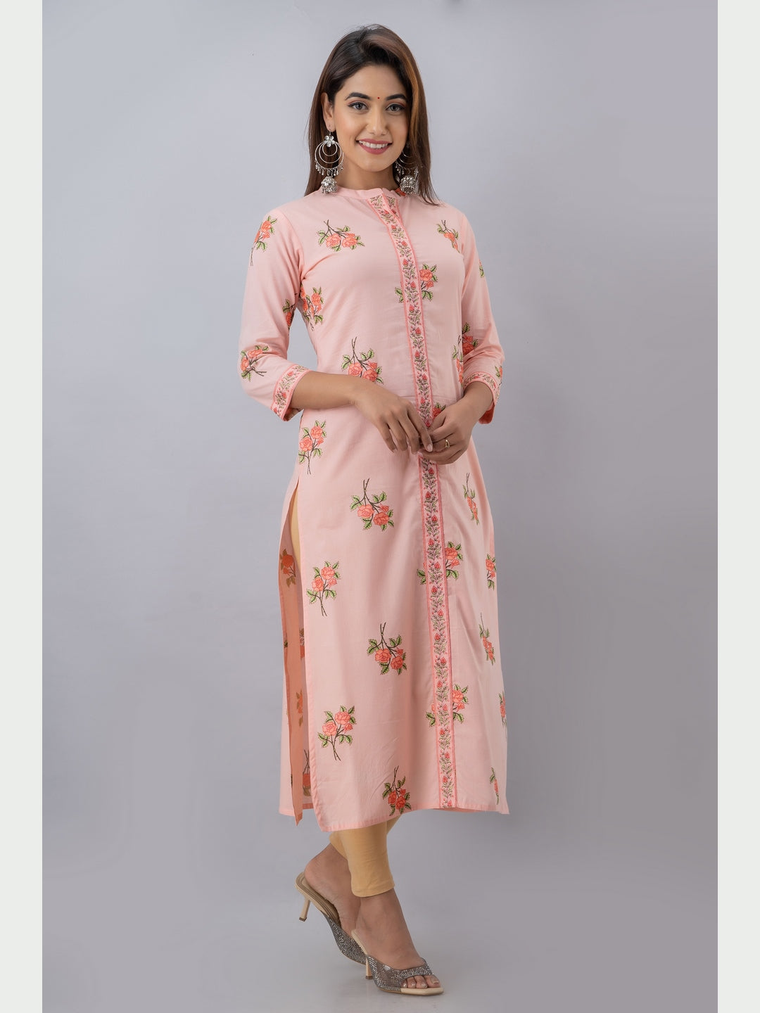 Cotton Printed Mandarin Neck 3/4 Sleeve Straight Calf Length Kurta