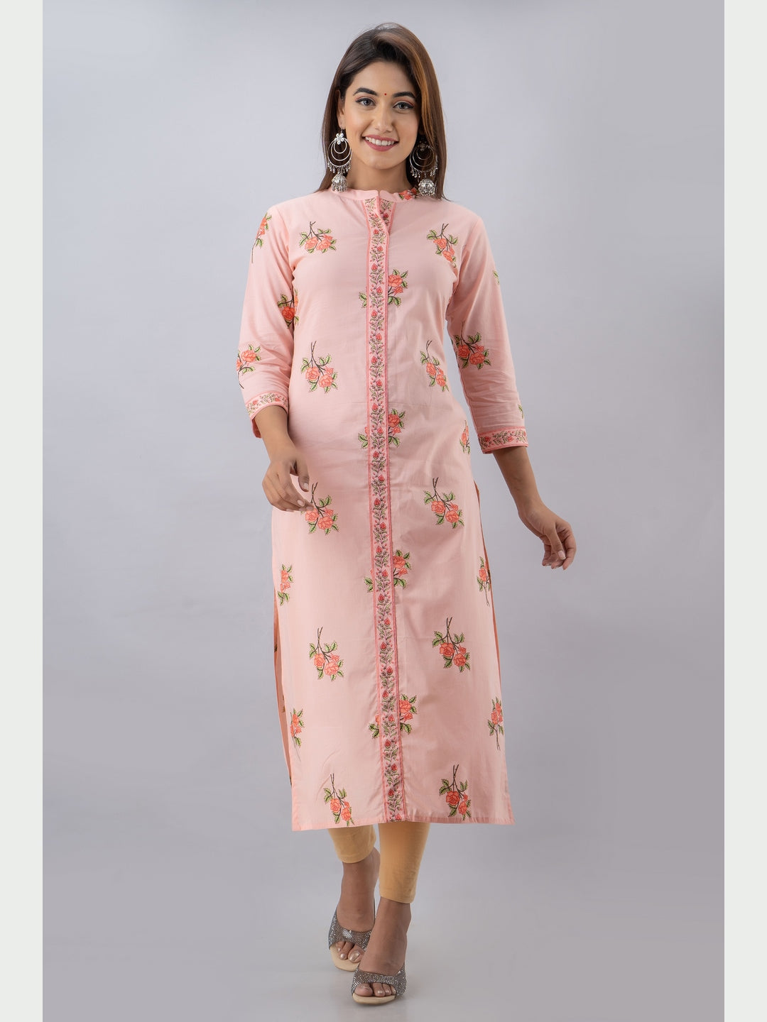 Cotton Printed Mandarin Neck 3/4 Sleeve Straight Calf Length Kurta
