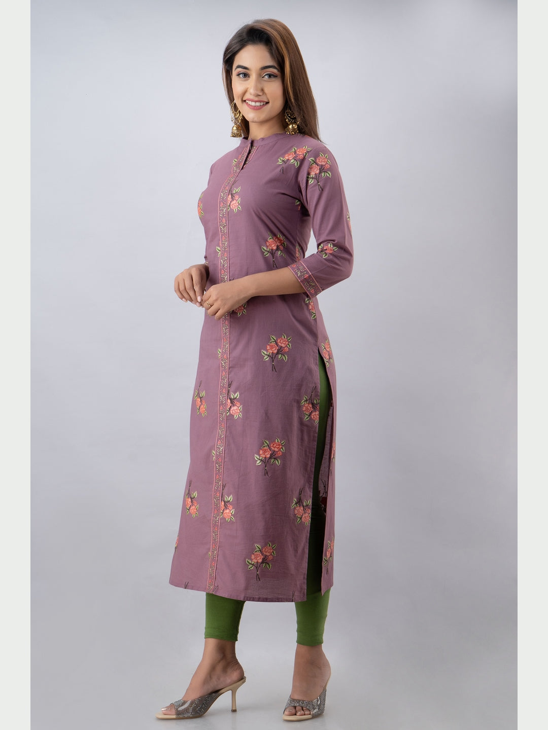 Cotton Printed Mandarin Neck 3/4 Sleeve Straight Calf Length Kurta