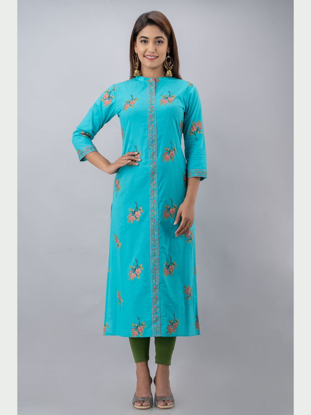 Cotton Printed Mandarin Neck 3/4 Sleeve Straight Calf Length Kurta