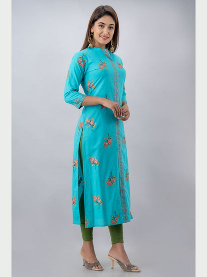 Cotton Printed Mandarin Neck 3/4 Sleeve Straight Calf Length Kurta