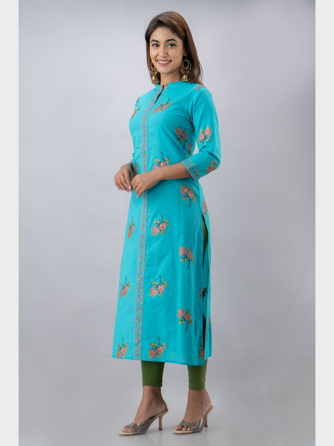 Cotton Printed Mandarin Neck 3/4 Sleeve Straight Calf Length Kurta