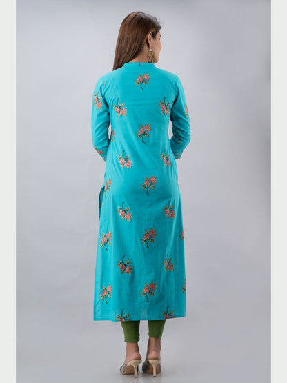 Cotton Printed Mandarin Neck 3/4 Sleeve Straight Calf Length Kurta