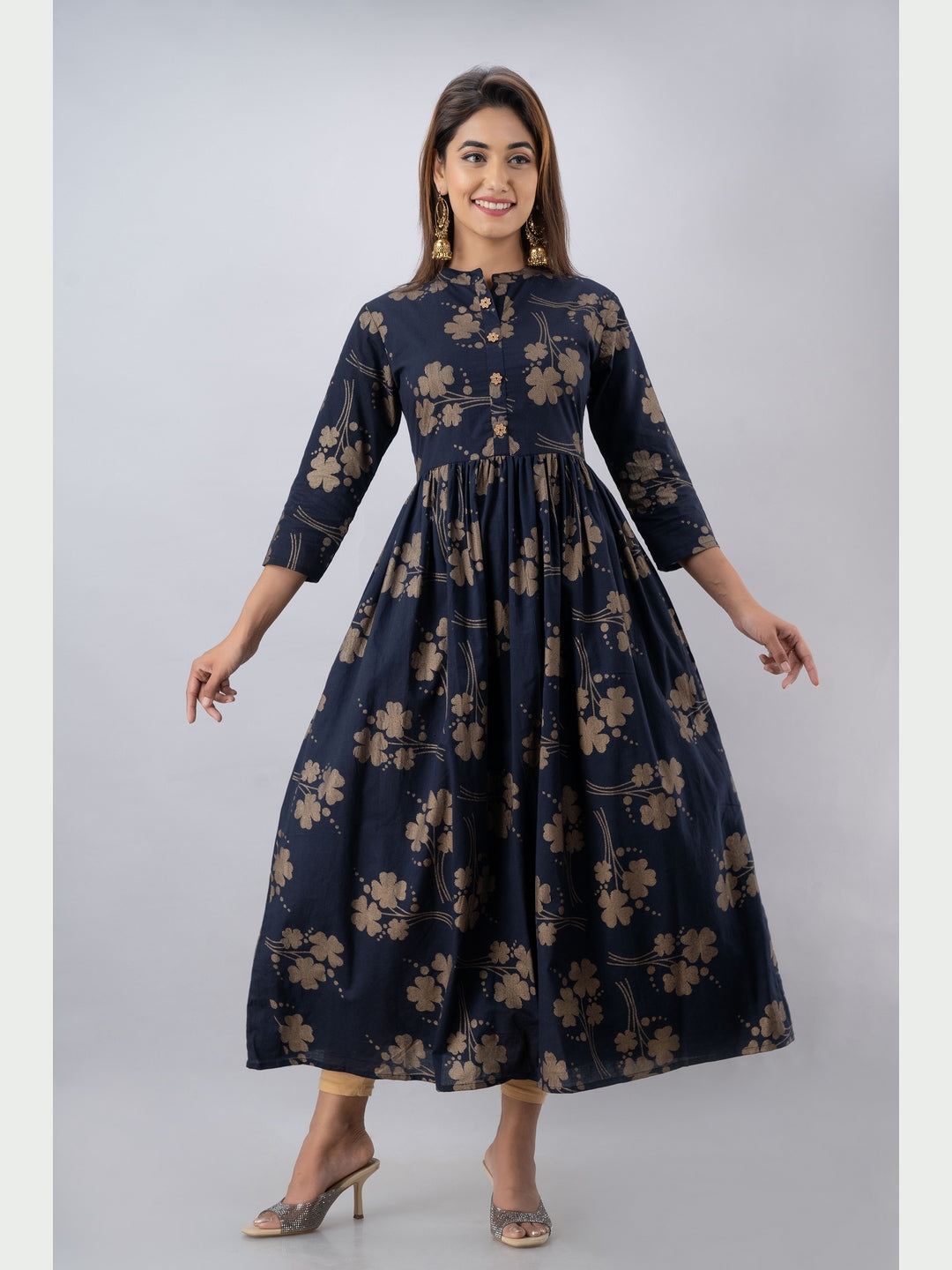 Cotton Printed Mandarin Neck 3/4 Sleeve Flared Ankle Length Kurta