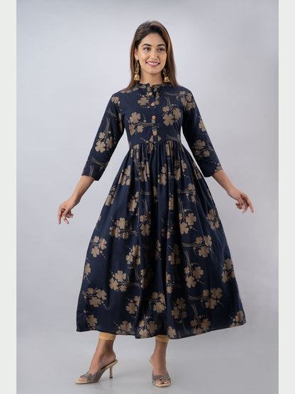 Cotton Printed Mandarin Neck 3/4 Sleeve Flared Ankle Length Kurta