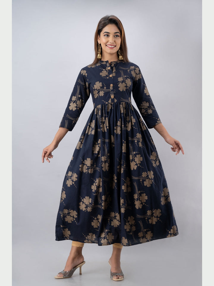 Cotton Printed Mandarin Neck 3/4 Sleeve Flared Ankle Length Kurta