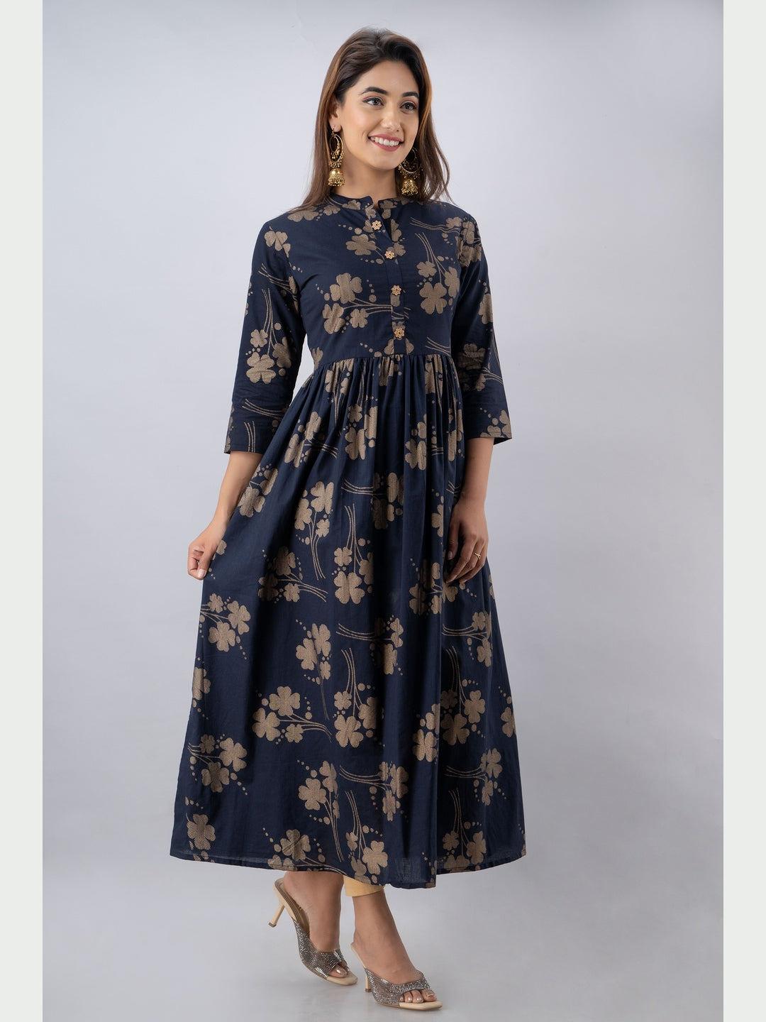 Cotton Printed Mandarin Neck 3/4 Sleeve Flared Ankle Length Kurta