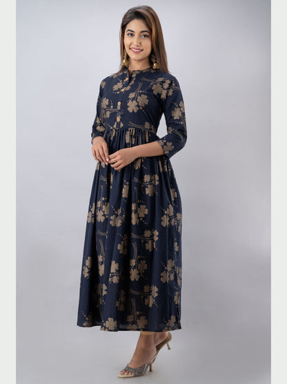 Cotton Printed Mandarin Neck 3/4 Sleeve Flared Ankle Length Kurta