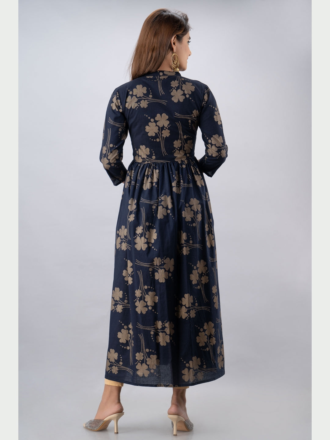 Cotton Printed Mandarin Neck 3/4 Sleeve Flared Ankle Length Kurta