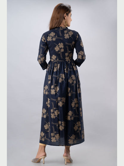 Cotton Printed Mandarin Neck 3/4 Sleeve Flared Ankle Length Kurta