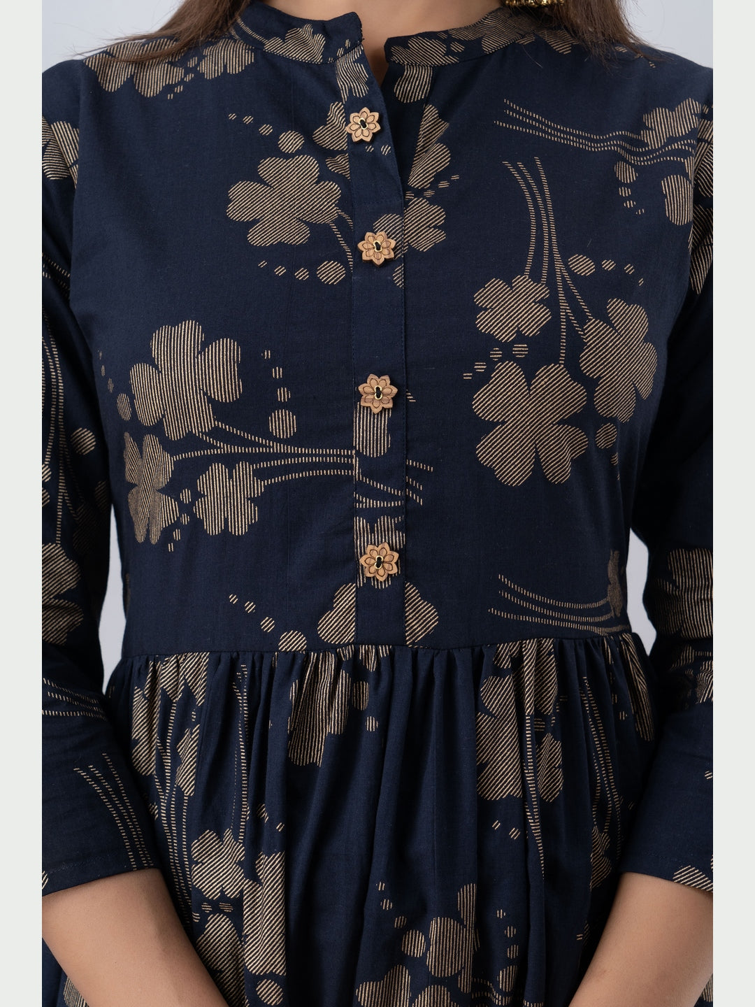 Cotton Printed Mandarin Neck 3/4 Sleeve Flared Ankle Length Kurta